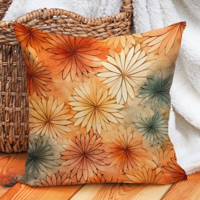 Coussin Terra Cotta Turquoise Fleurs de crème Tons Terre C (Burnt orange and teal floral decorator pillow)