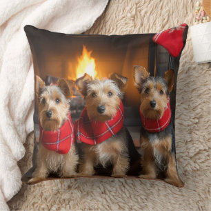 Coussin Terrier Australien au coin du feu de Noël