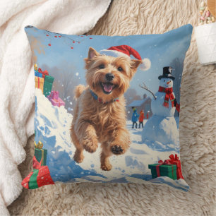 Coussin Terrier rouillé en neige avec Casquette de Noël