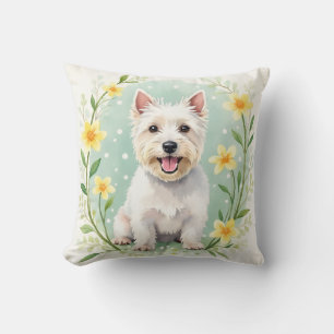 Coussin Terrier West Highland White aquarelle à motif flor