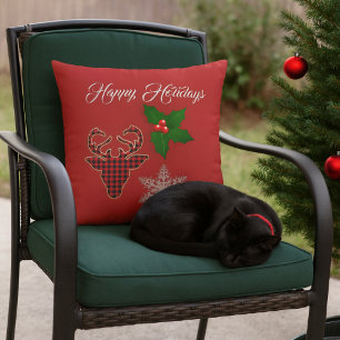 Coussin Tête de cerf des Fêtes, flocon de neige et feuille