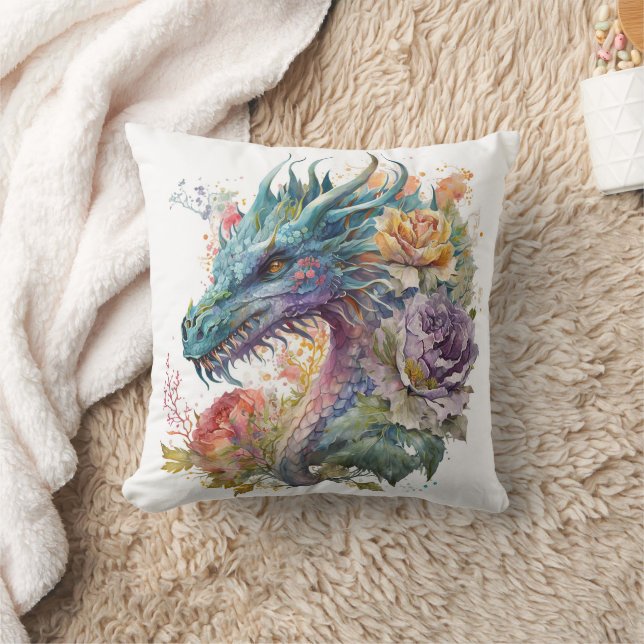 Coussin Tête de dragon avec fleurs (Couverture)