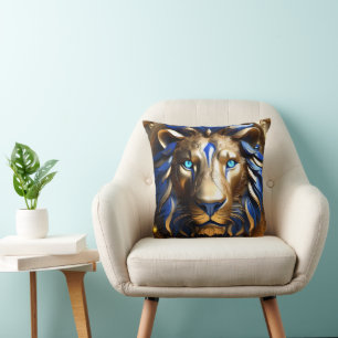 Coussin Tête de lion bleu et or,