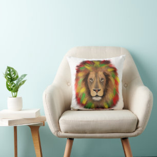Coussin Tête de lion rasta rouge jaune vert dessin Jamaïqu