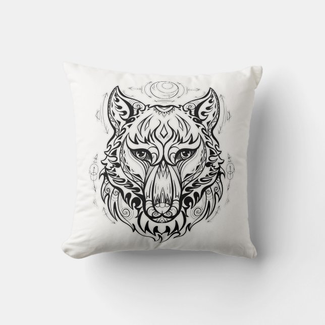 Coussin Tête de loup aux décorations ethniques (Recto)