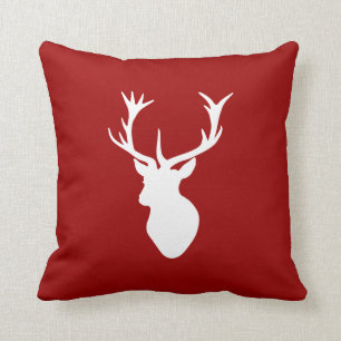 Coussin Tête de mâle de cerfs communs de Noël rouge et