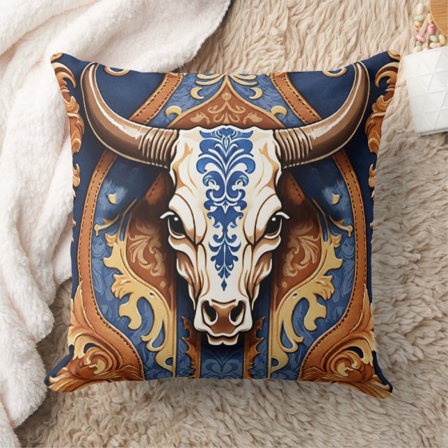 Coussin Tête de vache en cuir western style ranch (Couverture)