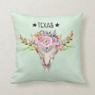 Coussin Texas Boho Crâne de vache avec fleurs chic tendanc