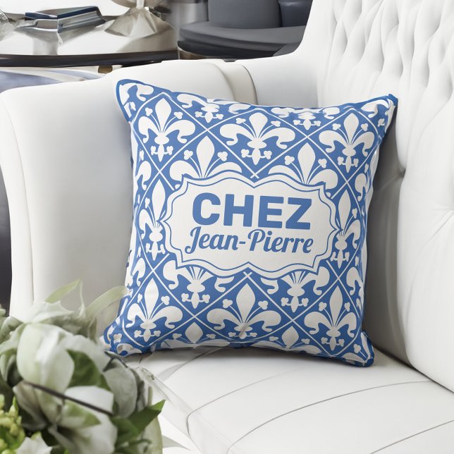 Coussin Texte français personnalisé bleu et blanc Fleur de (Créateur téléchargé)