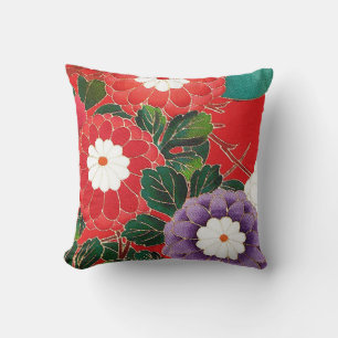 Coussin Textile japonais vintage - Dahlias rouges