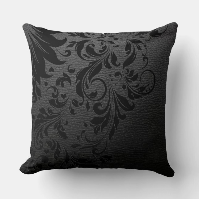 Coussin Texture en cuir noir et dentelle florale noire (Recto)