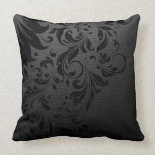 Coussin Texture en cuir noir et dentelle florale noire