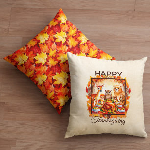 Coussin Thanksgiving Woodland Animaux Feuilles d'automne
