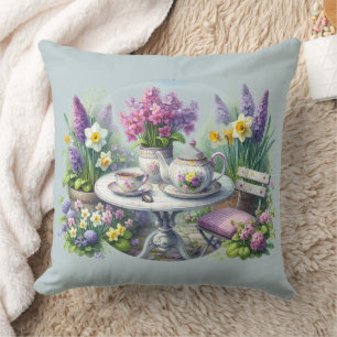 Coussin Thé à la Fleur Vintage dans le Jardin Bleu