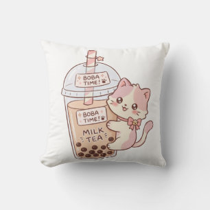 Coussin Thé au lait bulleux embrassant un chat Kawaii Th