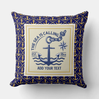 Coussin The Sea Is Calling Custom Name Anchor Navy Blue