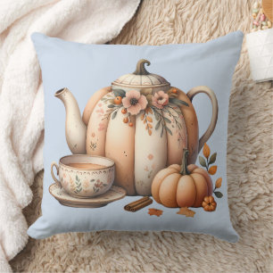 Coussin Théière Citrouille avec Illustration Florale d'Aut