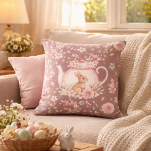 Coussin Théière de Pâques Florale Lapin Fantaisiste