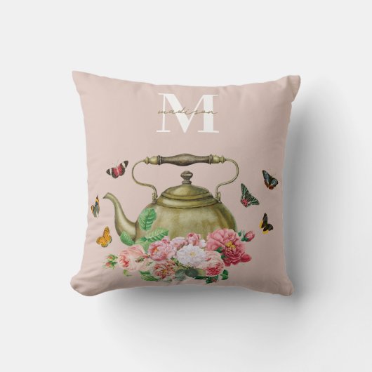 Coussin Théière Fleurs Roses et Papillons Monogramme (Recto)