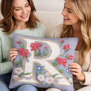 Coussin Théière Florale en Style Point de Croix