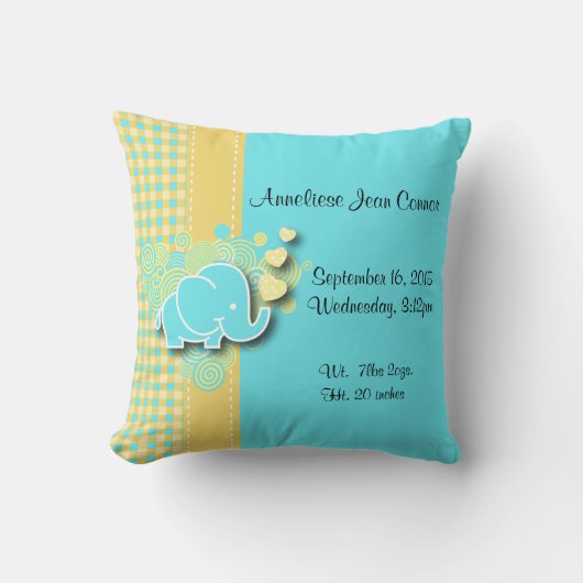 Coussin Thème jaune et bleu de crèche d'éléphant de bébé (Recto)