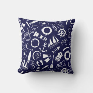 Coussin Thème Marin Plage Bleu Marine Blanc Phare Marin