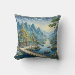 Coussin Thibaut Asiatique Pittoresque bleu et vert Décor