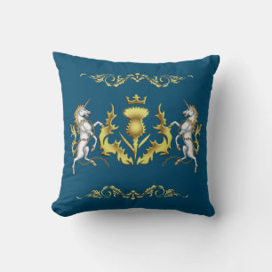Coussin Thistère écossais à couronne dorée en bleu