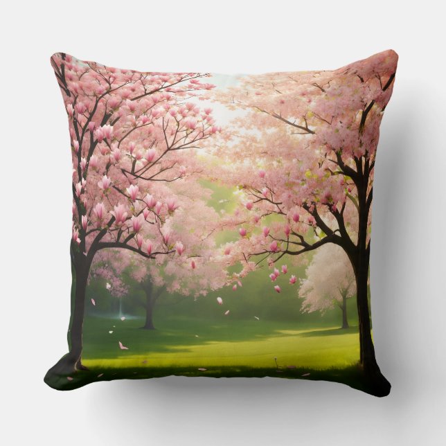 Coussin Throw Pillow Blooming Trees Over Green Fields (Recto)