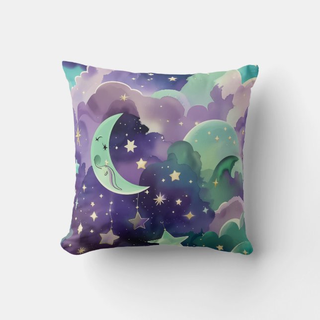 Coussin Throw Pillow - Mint Green Lilac Celestial Moon (Recto)