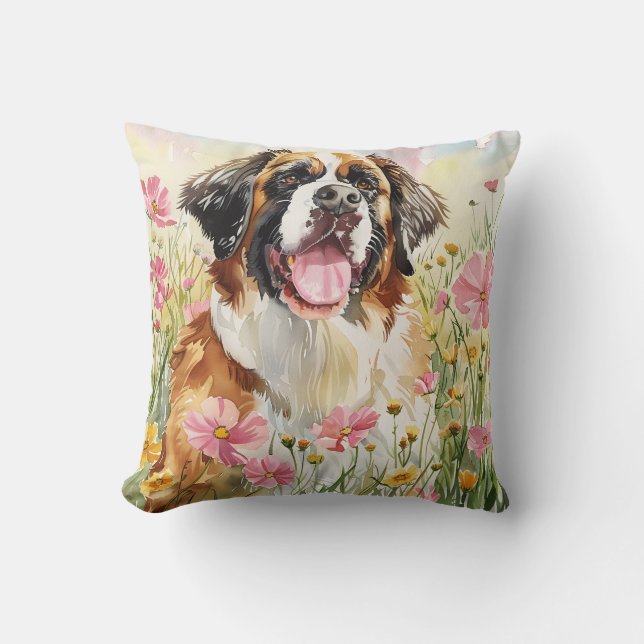 Coussin Throw Pillow – Saint Bernard Watercolor Pillow (Recto)