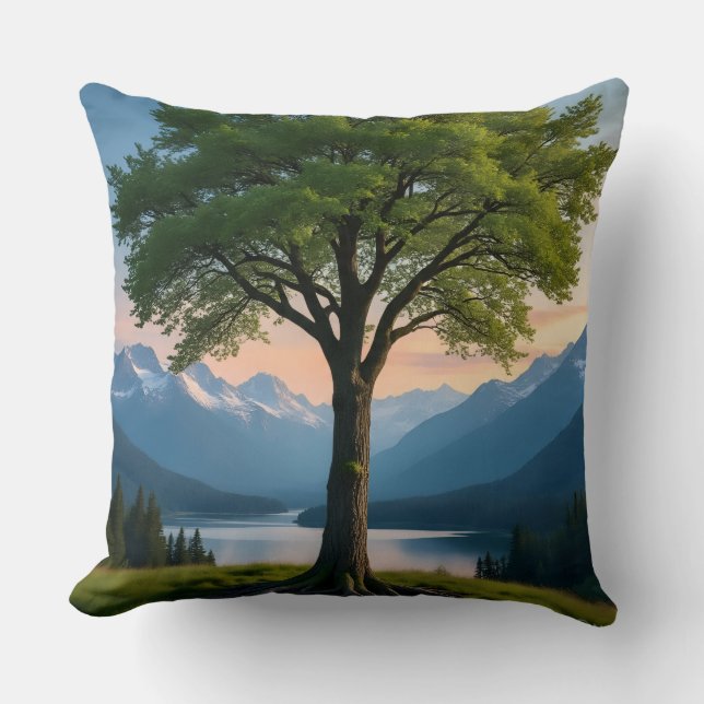 Coussin Throw Pillow Tree, Green Land, Sea, Sky & Mountain (Recto)