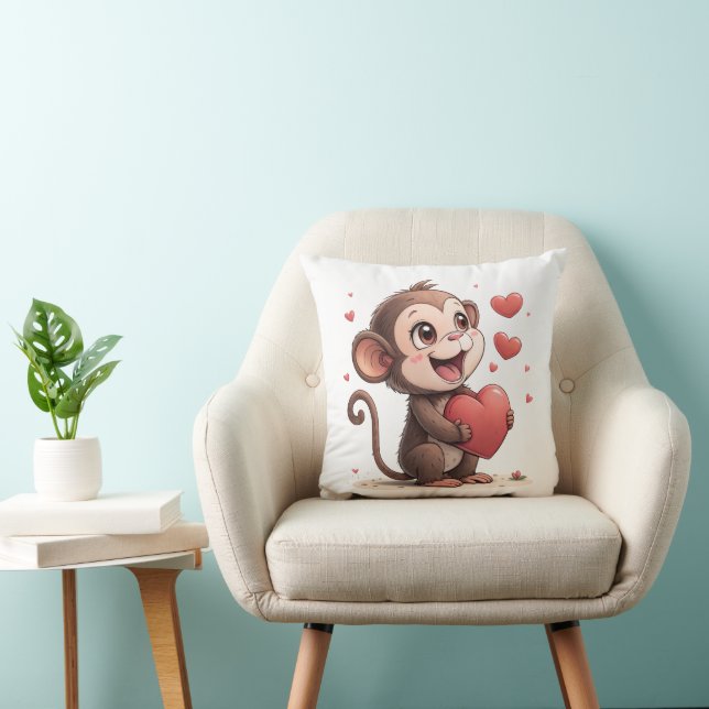 Coussin Throw Pillow Valentine's Day Monkey Red Hearts (Chaise)
