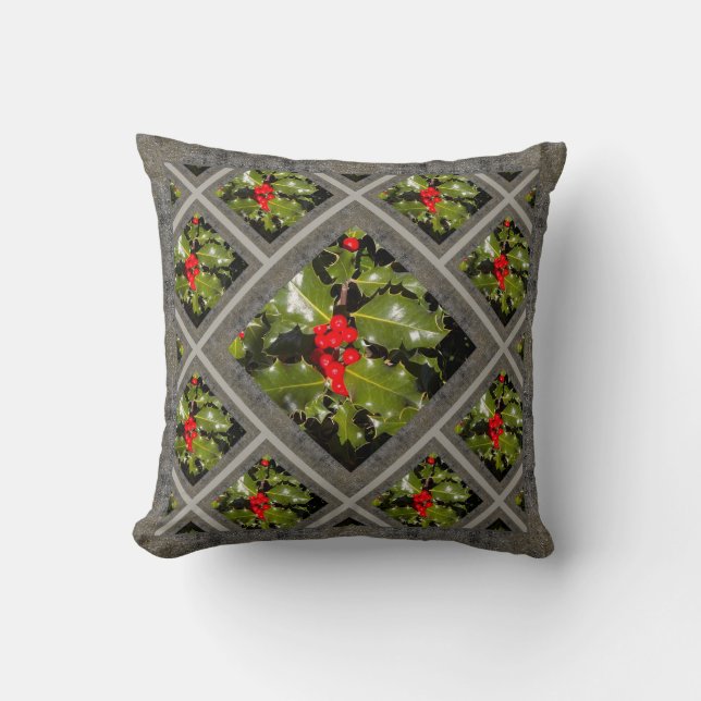 Coussin Throw Pillow with Holiday Holly (Recto)
