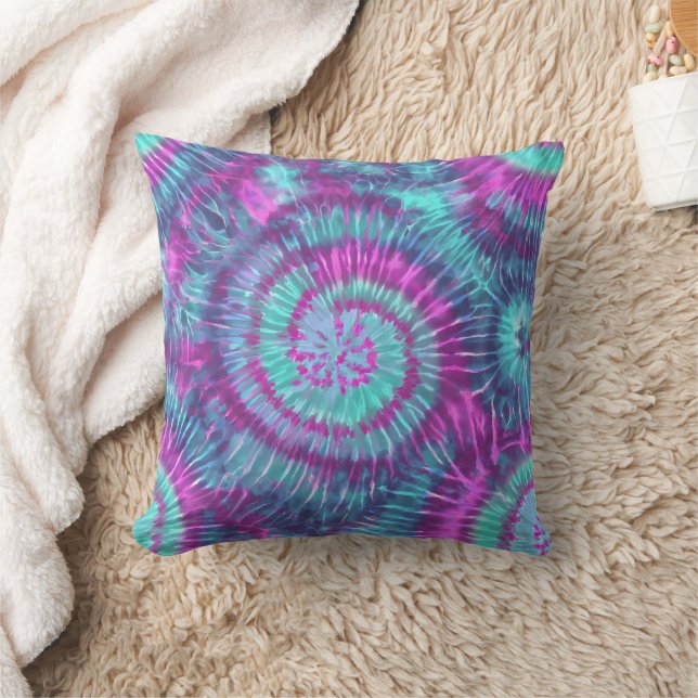 Coussin Tie Dye Spirale Psychédélique Rose Turquoise et Vi (Couverture)