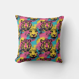Coussin Tiger Pop Art Motif en rose, jaune et bleu