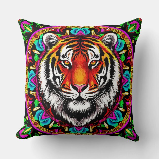 Coussin Tiger Portrait avec Mandala Design (Recto)