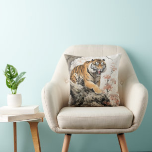 Coussin Tigre asiatique peinture traditionnelle