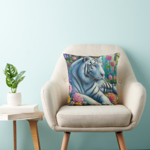 Coussin Tigre blanc en Forêt avec Fleurs Turquoise rose co
