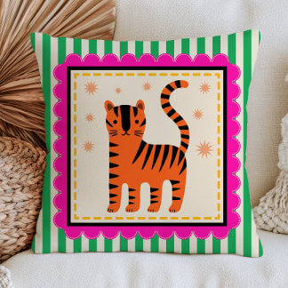 Coussin Tigre de dessin animé mignon sur des rayures verte