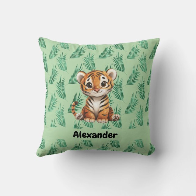 Coussin Tigre de dessin mignon sur Feuilles tropicaux (Verso)