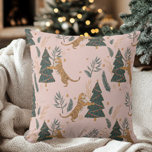 Coussin "Tigre de Noël Vintage avec Arbre de Noël rose