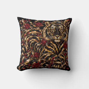 Coussin Tigre doré & Roses rouges Art floral