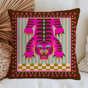 Coussin Tigre Japonais sur Rayures et Motif à Carreaux Fun