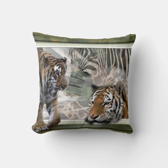 Coussin Tigres, Zèbre, Giraffe, Jungle Primitive (Recto)