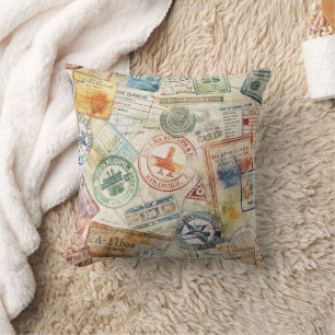 Coussin Timbre de passeport rustique motif voyage (6)