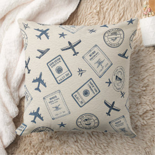 Coussin Timbre de passeport vintage bleu marine Voyage