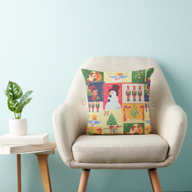 Coussin timbres-poste vintages Noël (Chaise)