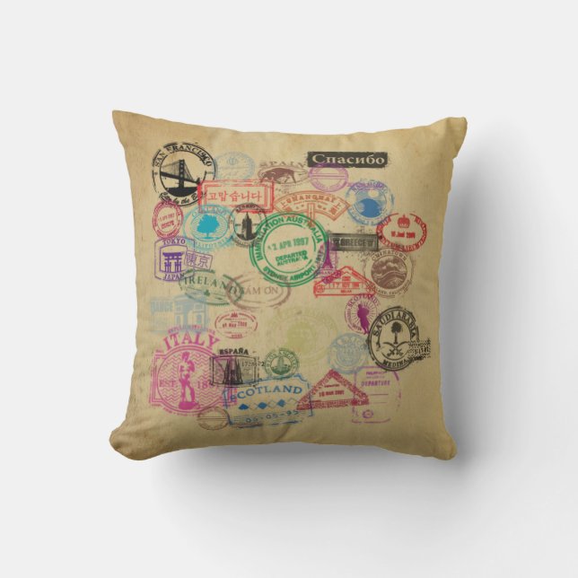 Coussin Timbres vintages de passeport (Recto)