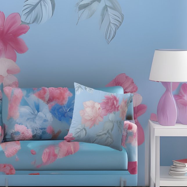 Coussin Tissu de fleurs en soie rose bleu doux (Créateur téléchargé)